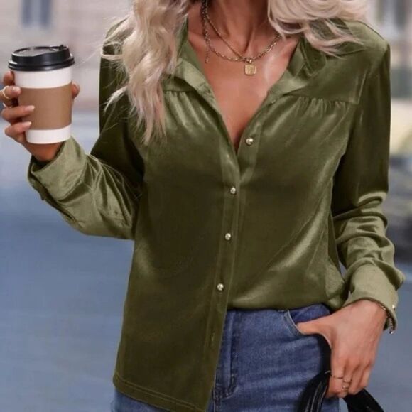 New Luxe Burgundy Velvet ButtonâDownâOversizedâShirtâTop - Picture 4 of 16